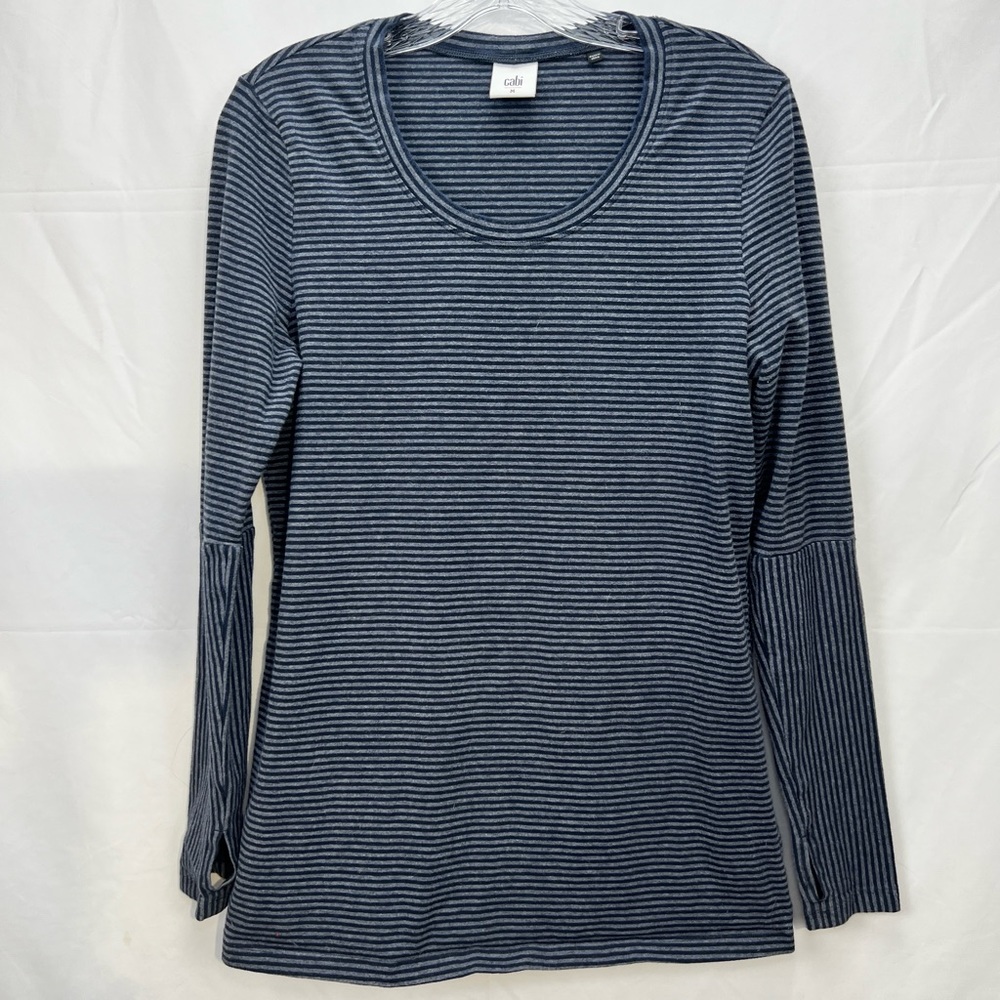 Cabi Grey & Navy Stripe Tee with thumbholes, size M